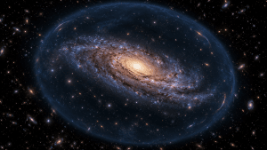 Ilustración de una galaxia espiral rodeada por un halo azul translúcido que representa la materia oscura, con arcos de lente gravitatoria y galaxias lejanas al fondo