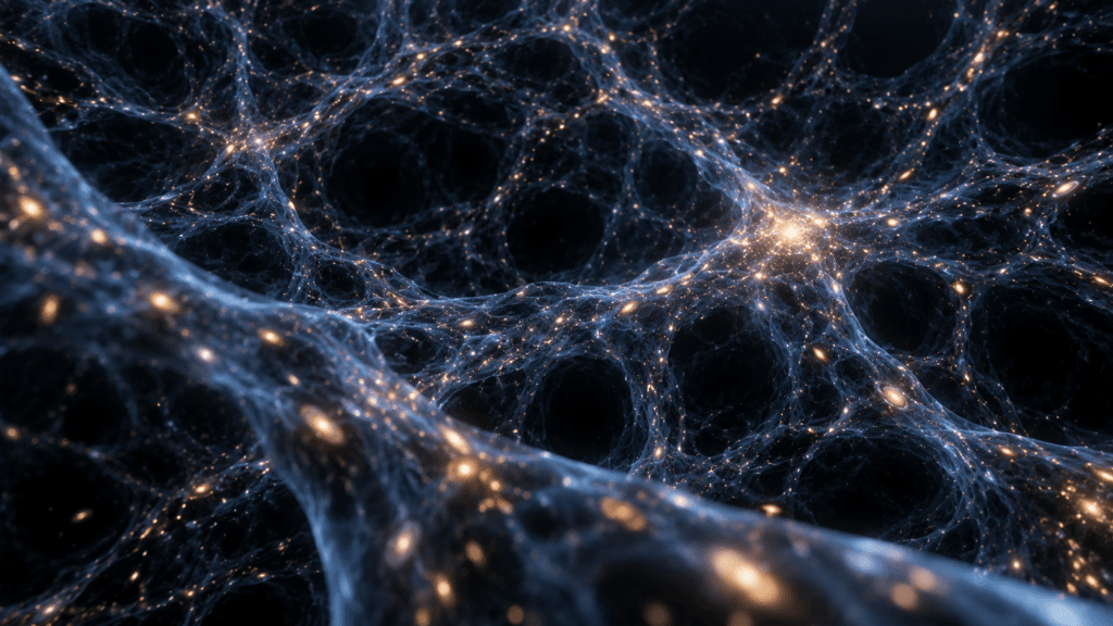 Vista en 3D de la red cósmica: filamentos azules translúcidos que representan la materia oscura, con pequeñas galaxias doradas a lo largo de ellos y un cúmulo brillante en una intersección, separados por grandes vacíos oscuros