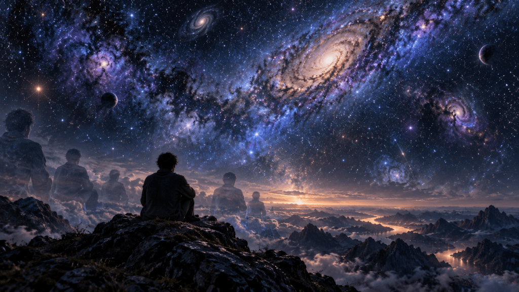 Persona contemplando un cielo estrellado con siluetas tenues que sugieren múltiples versiones de sí misma